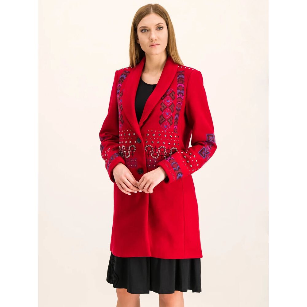 Desigual Womens Dyan Winter Wool Coat Red Ethnic Embroidered Pockets Size 40 NWT